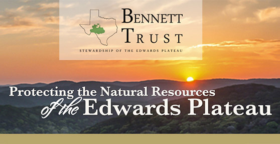 Bennett Trust Stewardship of the Edwards Plateau Protecting the Natural Resources of the Edwards Plateau image depicts a sunset setting behind hills